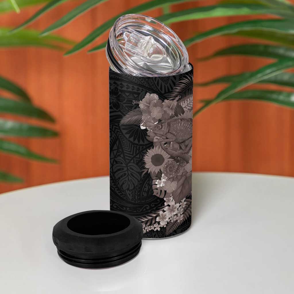 Hawaiian Tropical Plants and Chameleon 4 in 1 Can Cooler Tumbler Polynesian Art Grayscale - Polynesian Pride