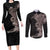 Hawaiian Tropical Plants and Chameleon Couples Matching Long Sleeve Bodycon Dress and Long Sleeve Button Shirt Polynesian Art Grayscale - Polynesian Pride