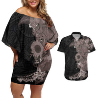 Hawaiian Tropical Plants and Chameleon Couples Matching Off Shoulder Short Dress and Hawaiian Shirt Polynesian Art Grayscale - Polynesian Pride