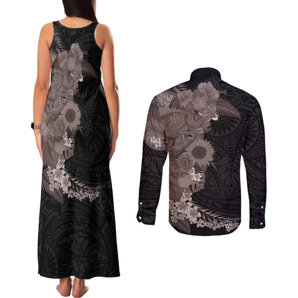 Hawaiian Tropical Plants and Chameleon Couples Matching Tank Maxi Dress and Long Sleeve Button Shirt Polynesian Art Grayscale - Polynesian Pride