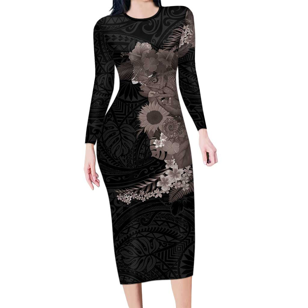Hawaiian Tropical Plants and Chameleon Family Matching Long Sleeve Bodycon Dress and Hawaiian Shirt Polynesian Art Grayscale - Polynesian Pride