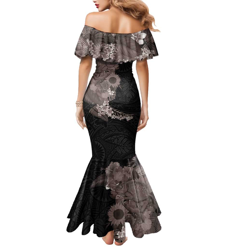 Hawaiian Tropical Plants and Chameleon Family Matching Mermaid Dress and Hawaiian Shirt Polynesian Art Grayscale - Polynesian Pride