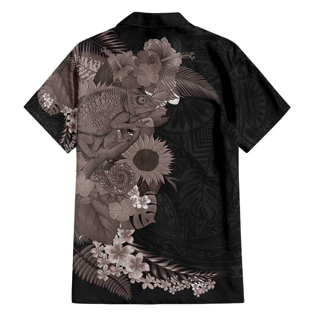 Hawaiian Tropical Plants and Chameleon Family Matching Off Shoulder Maxi Dress and Hawaiian Shirt Polynesian Art Grayscale - Polynesian Pride