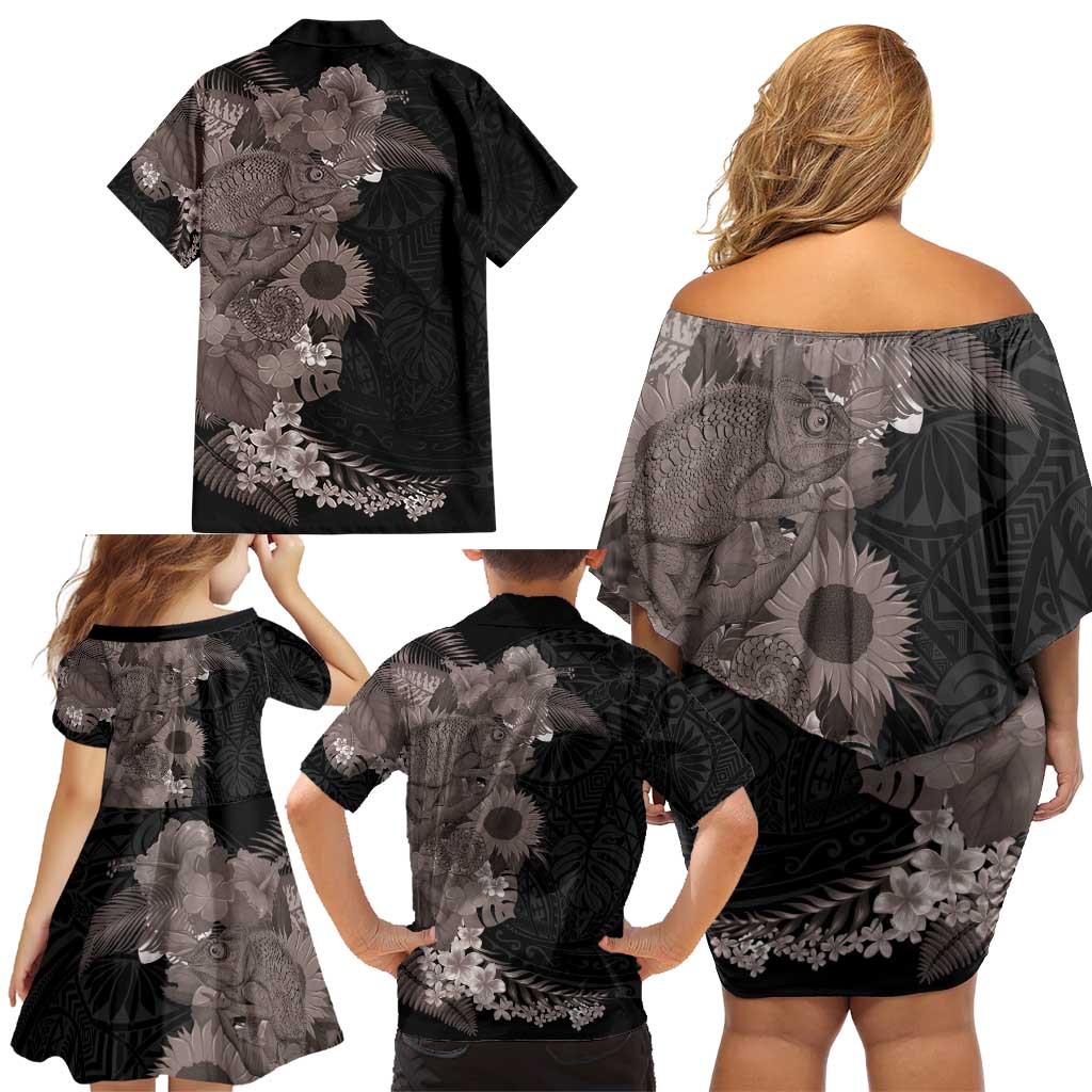 Hawaiian Tropical Plants and Chameleon Family Matching Off Shoulder Short Dress and Hawaiian Shirt Polynesian Art Grayscale - Polynesian Pride