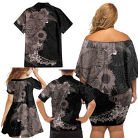 Hawaiian Tropical Plants and Chameleon Family Matching Off Shoulder Short Dress and Hawaiian Shirt Polynesian Art Grayscale - Polynesian Pride