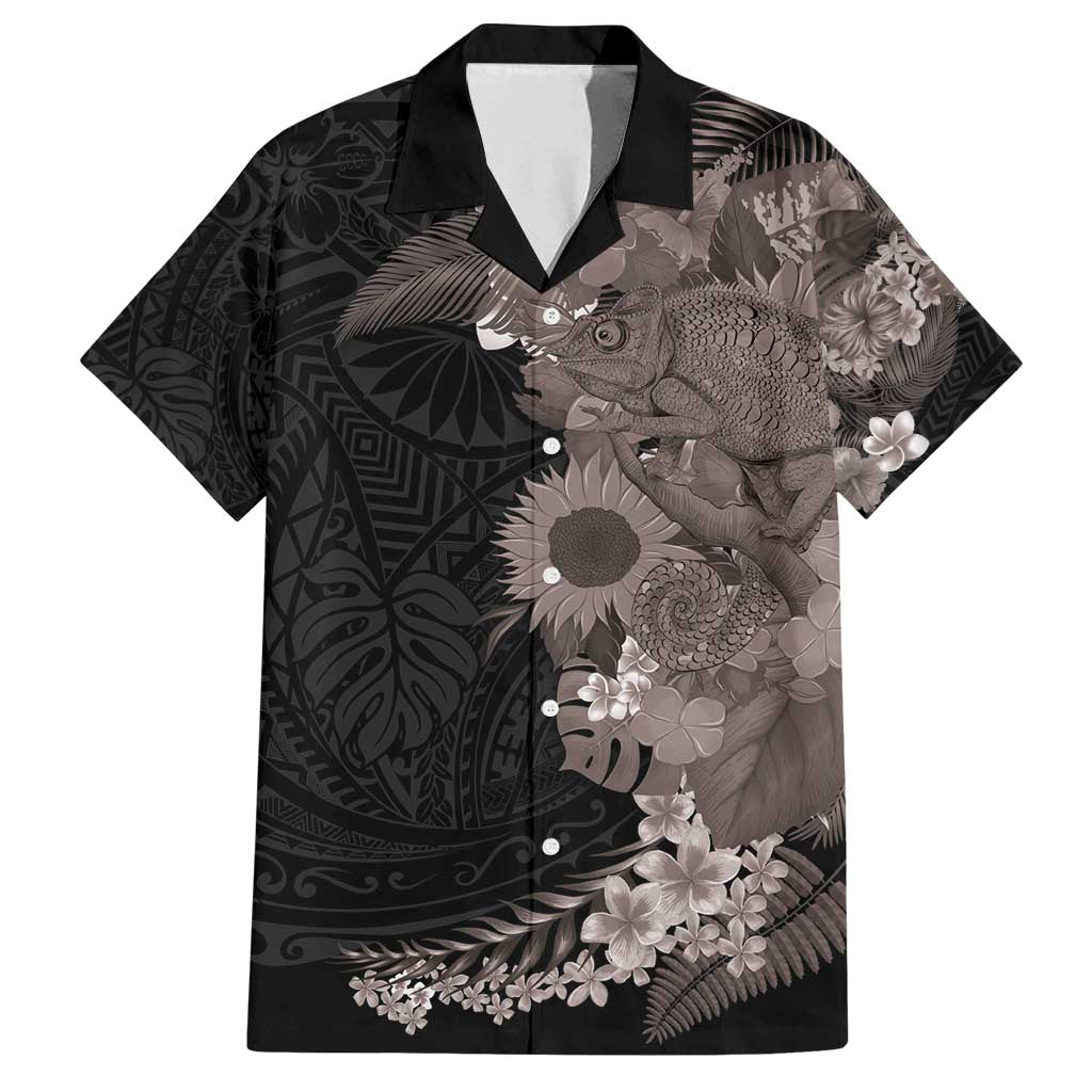 Hawaiian Tropical Plants and Chameleon Family Matching Off Shoulder Short Dress and Hawaiian Shirt Polynesian Art Grayscale - Polynesian Pride