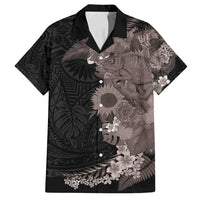 Hawaiian Tropical Plants and Chameleon Family Matching Off Shoulder Short Dress and Hawaiian Shirt Polynesian Art Grayscale - Polynesian Pride