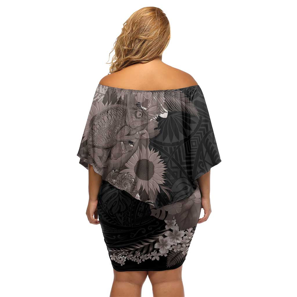 Hawaiian Tropical Plants and Chameleon Family Matching Off Shoulder Short Dress and Hawaiian Shirt Polynesian Art Grayscale - Polynesian Pride