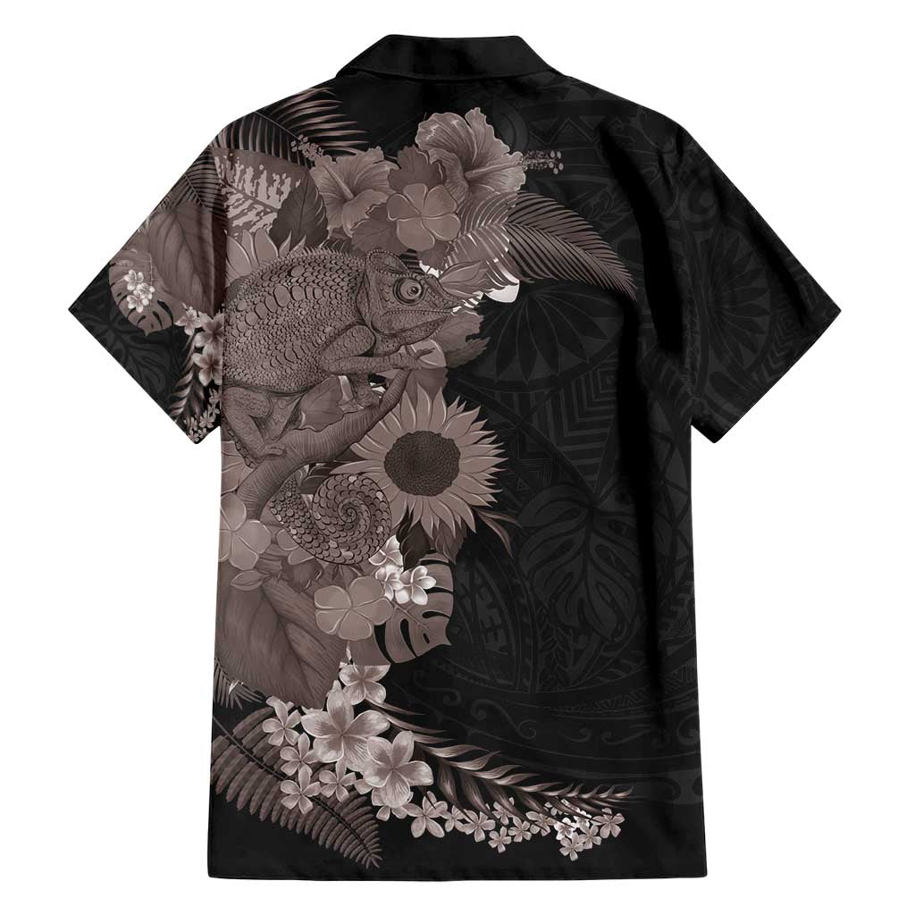 Hawaiian Tropical Plants and Chameleon Family Matching Short Sleeve Bodycon Dress and Hawaiian Shirt Polynesian Art Grayscale - Polynesian Pride