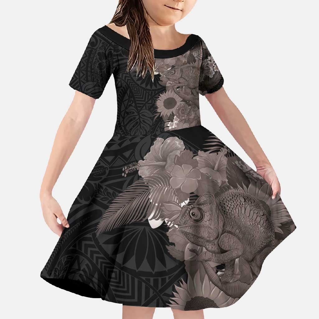 Hawaiian Tropical Plants and Chameleon Family Matching Summer Maxi Dress and Hawaiian Shirt Polynesian Art Grayscale - Polynesian Pride
