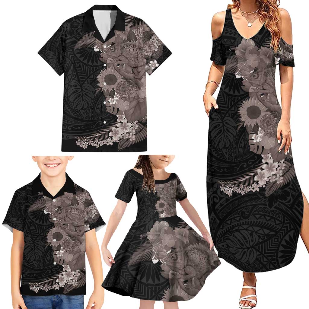 Hawaiian Tropical Plants and Chameleon Family Matching Summer Maxi Dress and Hawaiian Shirt Polynesian Art Grayscale - Polynesian Pride