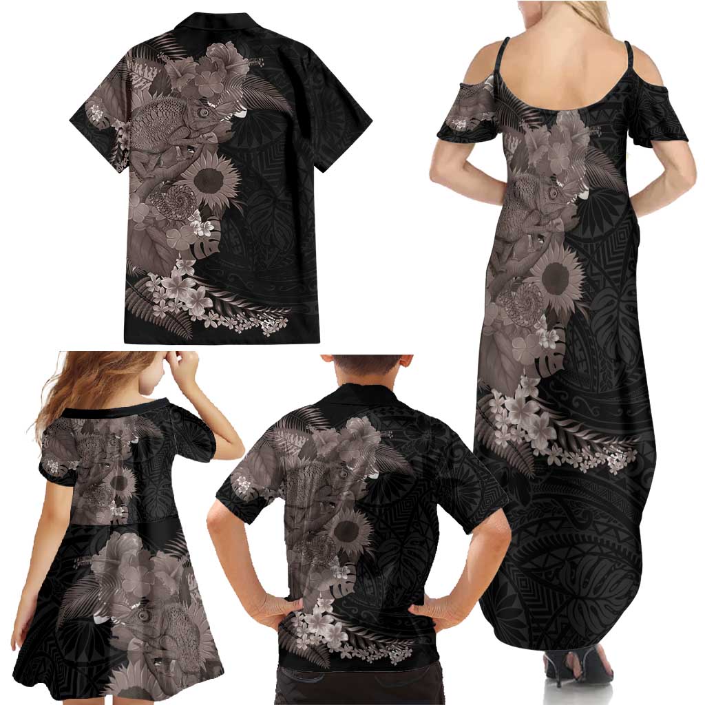 Hawaiian Tropical Plants and Chameleon Family Matching Summer Maxi Dress and Hawaiian Shirt Polynesian Art Grayscale - Polynesian Pride