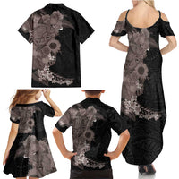 Hawaiian Tropical Plants and Chameleon Family Matching Summer Maxi Dress and Hawaiian Shirt Polynesian Art Grayscale - Polynesian Pride