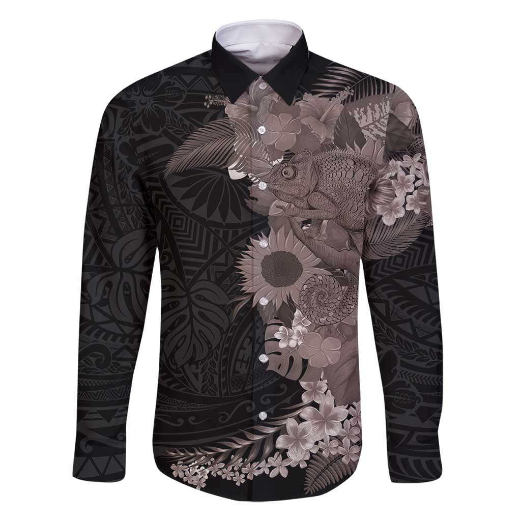 Hawaiian Tropical Plants and Chameleon Family Matching Summer Maxi Dress and Hawaiian Shirt Polynesian Art Grayscale - Polynesian Pride