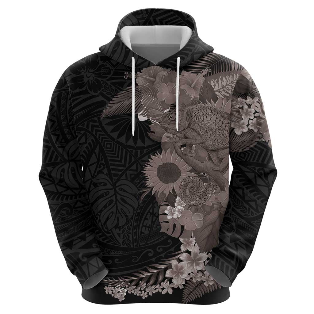 Hawaiian Tropical Plants and Chameleon Hoodie Polynesian Art Grayscale - Polynesian Pride