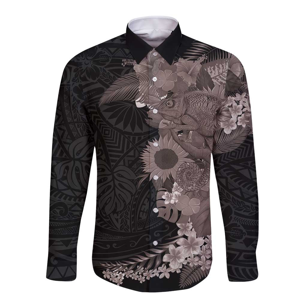 Hawaiian Tropical Plants and Chameleon Long Sleeve Button Shirt Polynesian Art Grayscale - Polynesian Pride