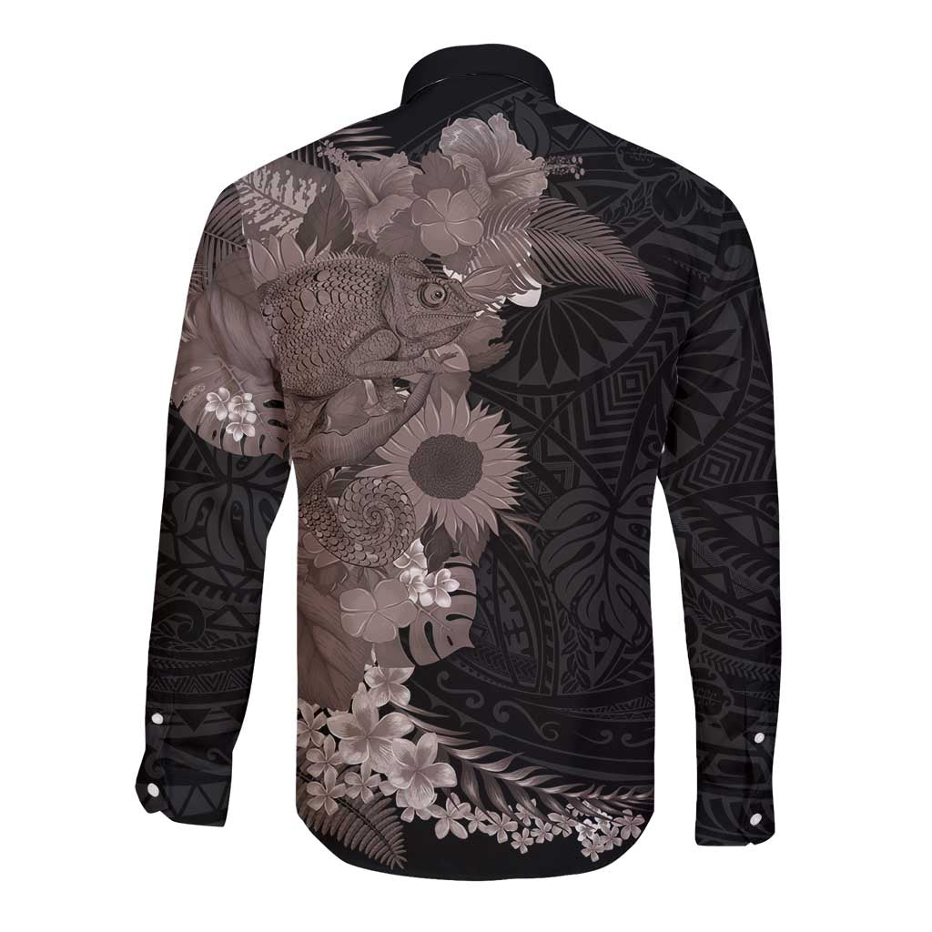 Hawaiian Tropical Plants and Chameleon Long Sleeve Button Shirt Polynesian Art Grayscale - Polynesian Pride