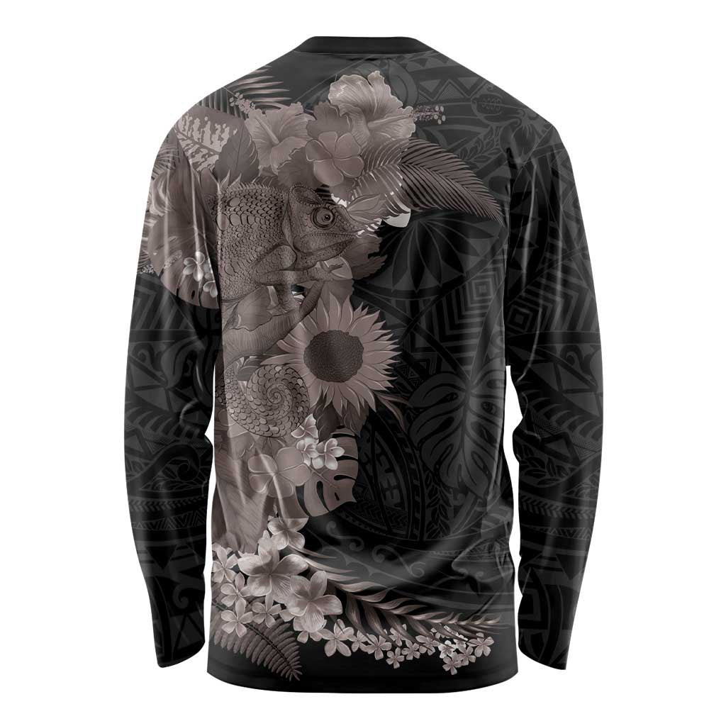 Hawaiian Tropical Plants and Chameleon Long Sleeve Shirt Polynesian Art Grayscale - Polynesian Pride