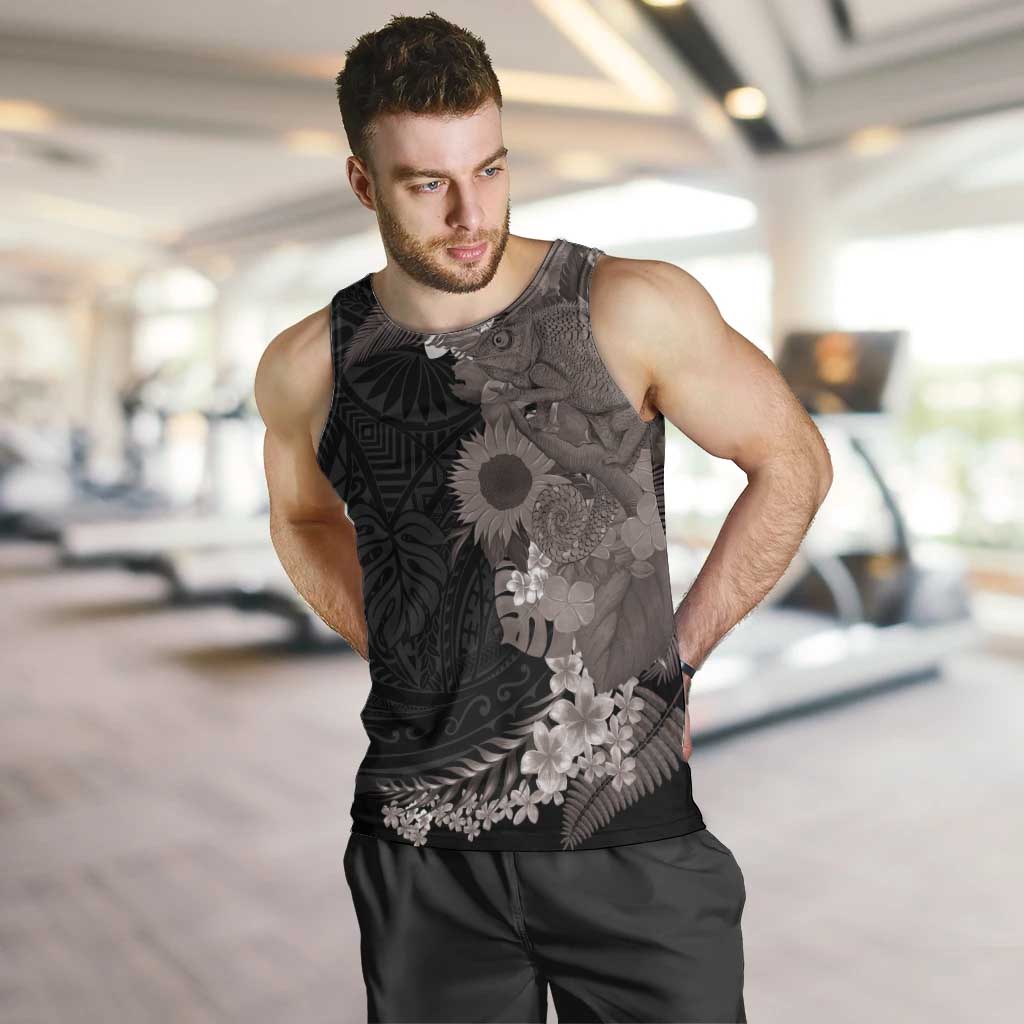 Hawaiian Tropical Plants and Chameleon Men Tank Top Polynesian Art Grayscale - Polynesian Pride