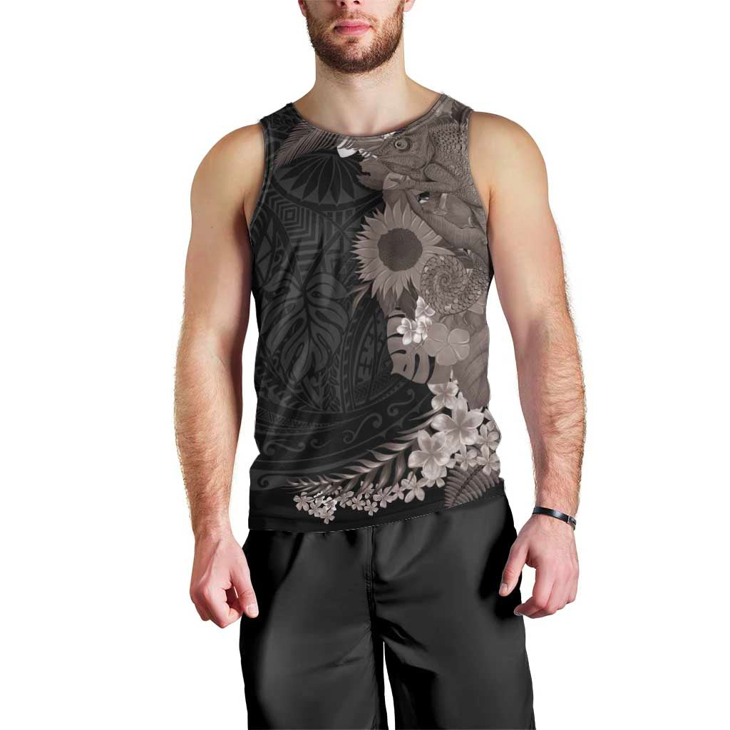 Hawaiian Tropical Plants and Chameleon Men Tank Top Polynesian Art Grayscale - Polynesian Pride