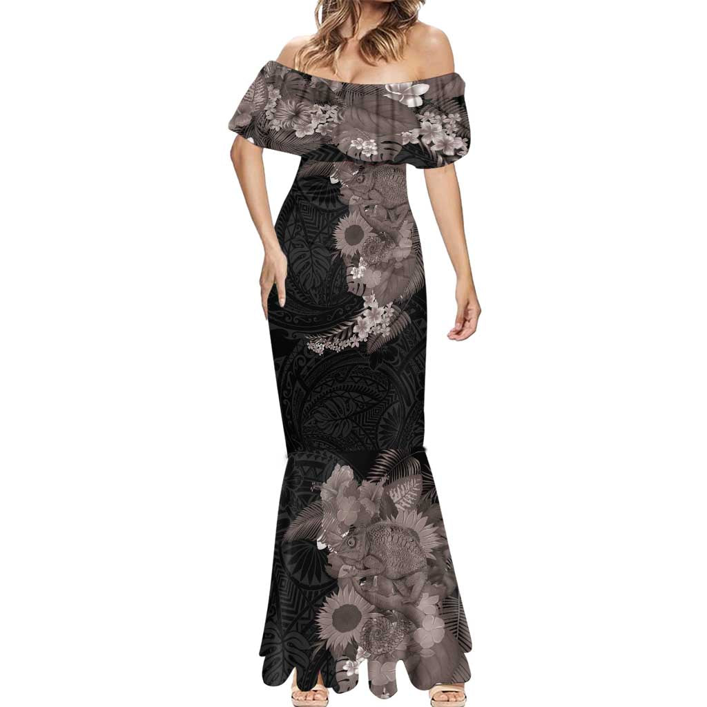 Hawaiian Tropical Plants and Chameleon Mermaid Dress Polynesian Art Grayscale - Polynesian Pride
