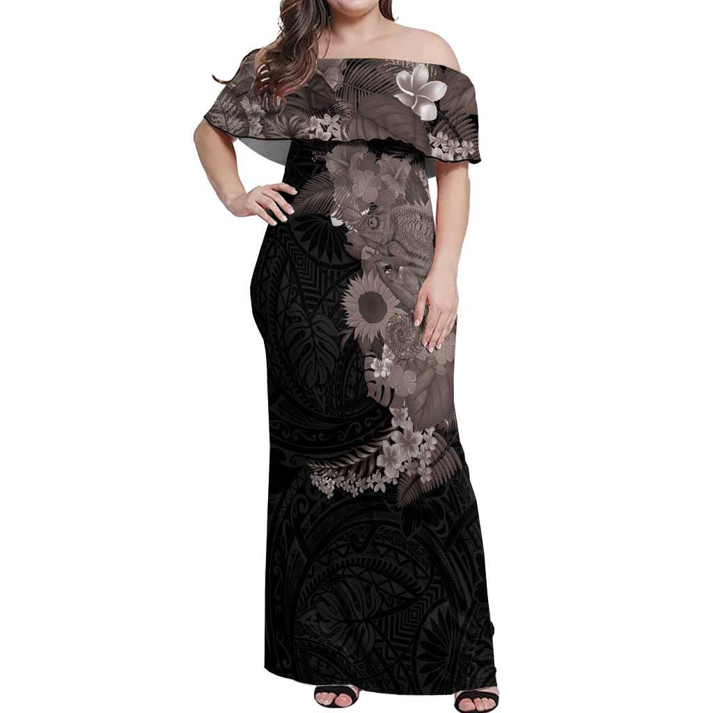 Hawaiian Tropical Plants and Chameleon Off Shoulder Maxi Dress Polynesian Art Grayscale - Polynesian Pride