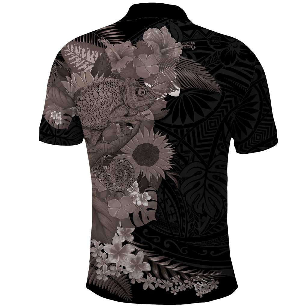 Hawaiian Tropical Plants and Chameleon Polo Shirt Polynesian Art Grayscale - Polynesian Pride