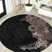 Hawaiian Tropical Plants and Chameleon Round Carpet Polynesian Art Grayscale - Polynesian Pride