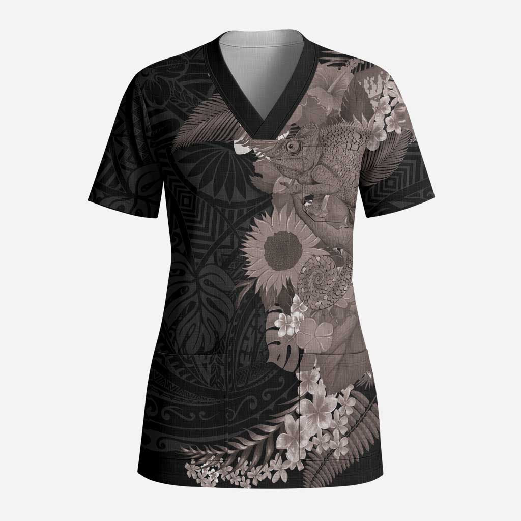 Hawaiian Tropical Plants and Chameleon Scrub Top Polynesian Art Grayscale - Polynesian Pride