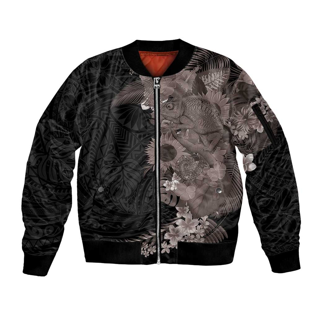 Hawaiian Tropical Plants and Chameleon Sleeve Zip Bomber Jacket Polynesian Art Grayscale - Polynesian Pride