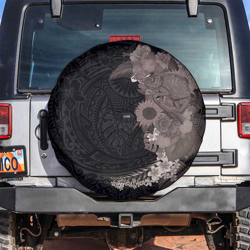 Hawaiian Tropical Plants and Chameleon Spare Tire Cover Polynesian Art Grayscale - Polynesian Pride