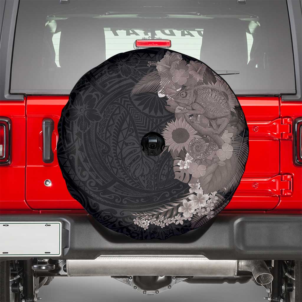 Hawaiian Tropical Plants and Chameleon Spare Tire Cover Polynesian Art Grayscale - Polynesian Pride