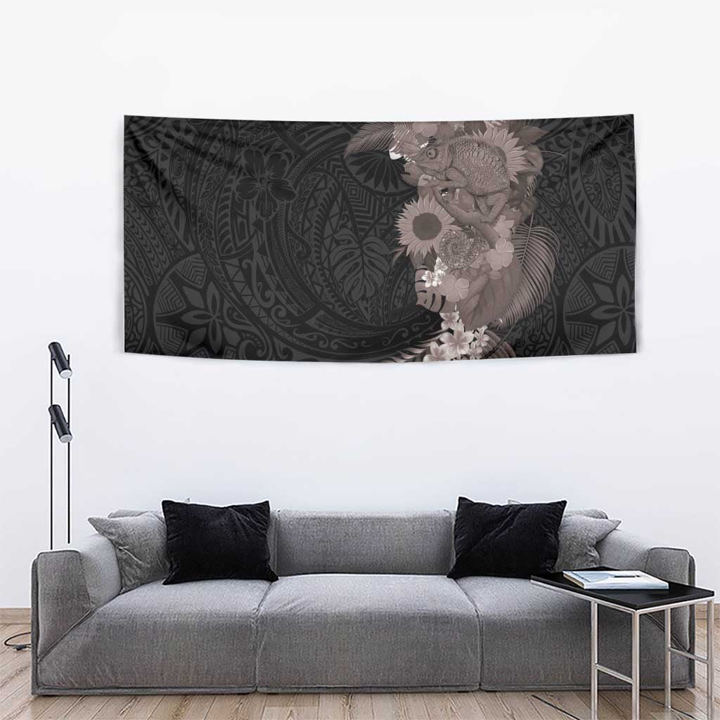 Hawaiian Tropical Plants and Chameleon Tapestry Polynesian Art Grayscale - Polynesian Pride