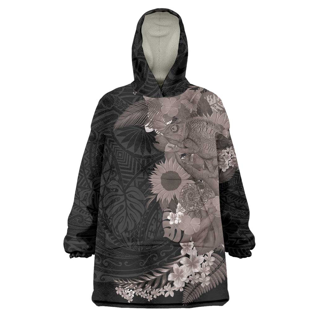 Hawaiian Tropical Plants and Chameleon Wearable Blanket Hoodie Polynesian Art Grayscale - Polynesian Pride