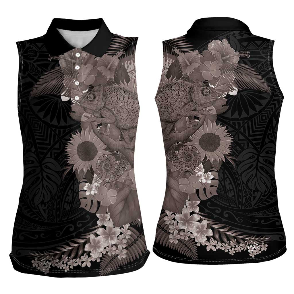 Hawaiian Tropical Plants and Chameleon Women Sleeveless Polo Shirt Polynesian Art Grayscale - Polynesian Pride