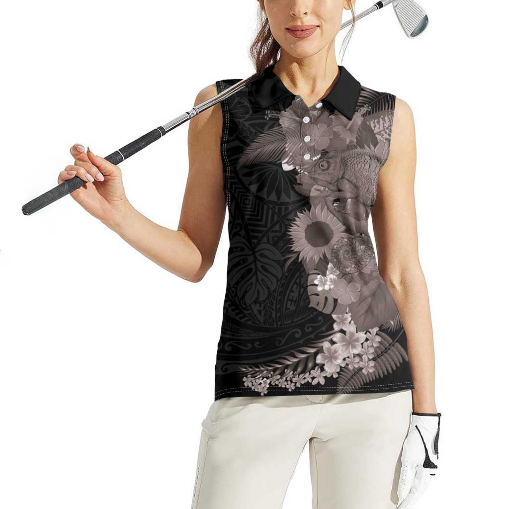 Hawaiian Tropical Plants and Chameleon Women Sleeveless Polo Shirt Polynesian Art Grayscale - Polynesian Pride