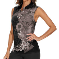 Hawaiian Tropical Plants and Chameleon Women Sleeveless Polo Shirt Polynesian Art Grayscale - Polynesian Pride