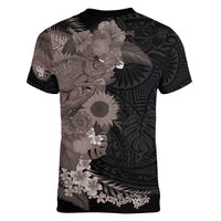 Hawaiian Tropical Plants and Chameleon Women V-Neck T-Shirt Polynesian Art Grayscale - Polynesian Pride