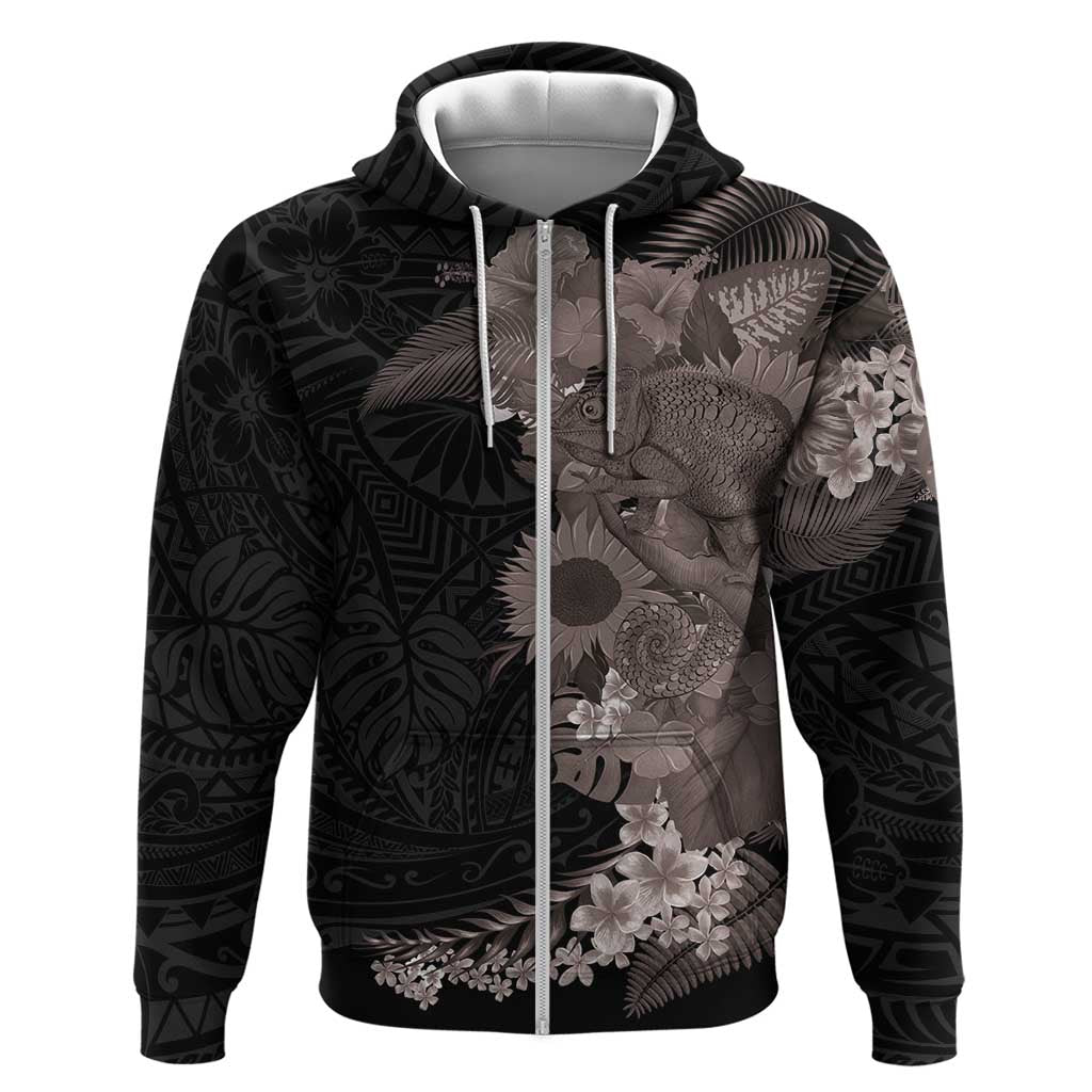 Hawaiian Tropical Plants and Chameleon Zip Hoodie Polynesian Art Grayscale - Polynesian Pride