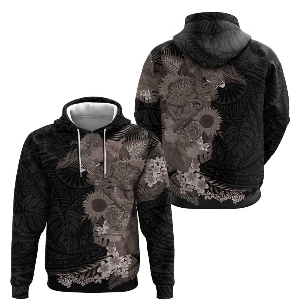 Hawaiian Tropical Plants and Chameleon Zip Hoodie Polynesian Art Grayscale - Polynesian Pride