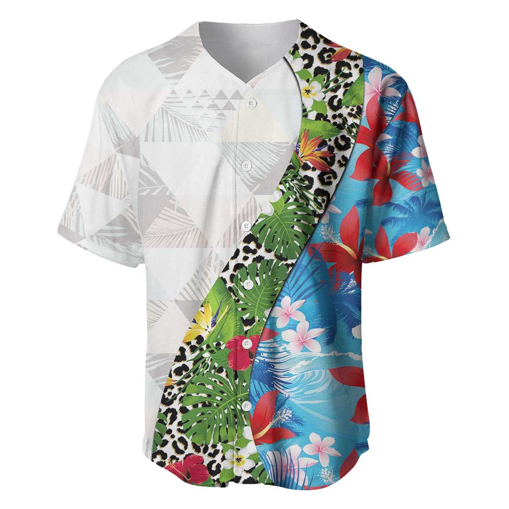 Hawaiian Tropical Flowers and Leaves Baseball Jersey on Leopard Pattern Half Style White-Blue Version - Polynesian Pride