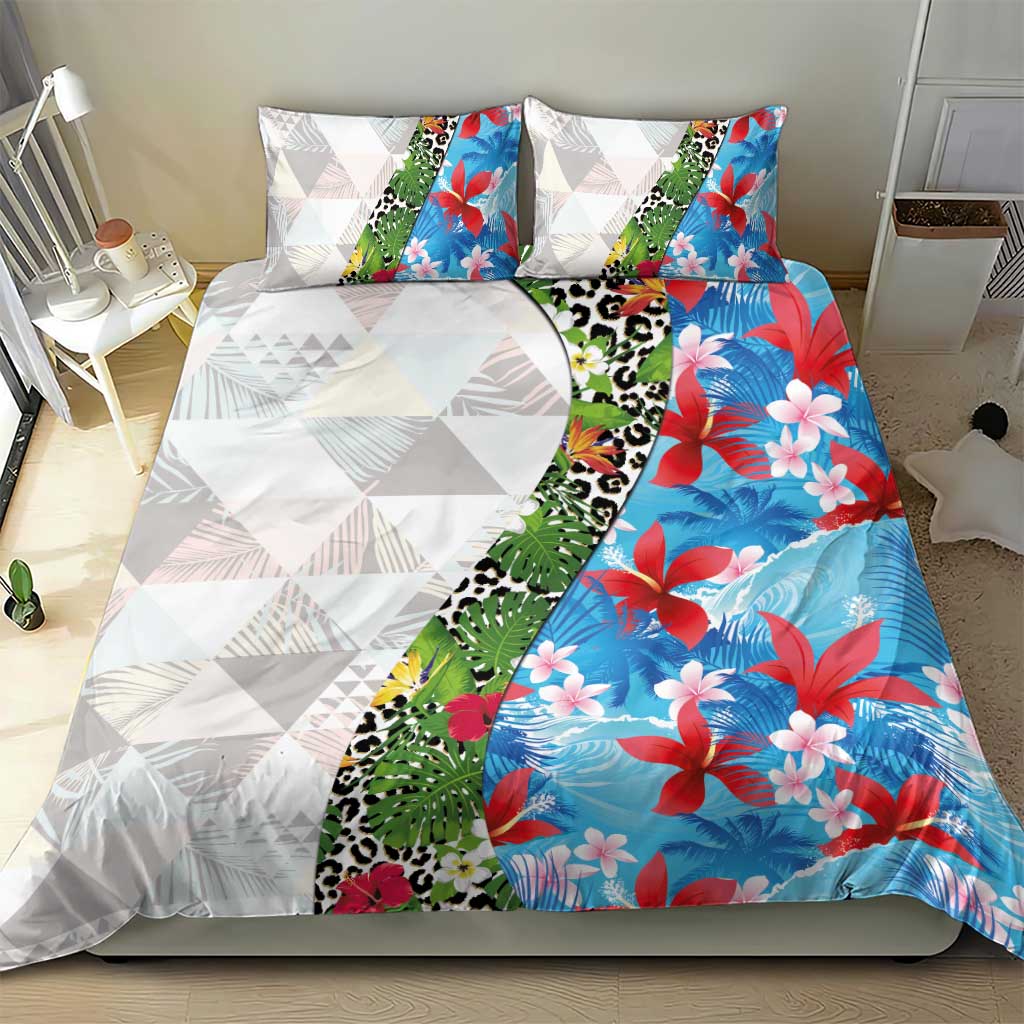 Hawaiian Tropical Flowers and Leaves Bedding Set on Leopard Pattern Half Style White-Blue Version - Polynesian Pride