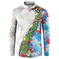 Hawaiian Tropical Flowers and Leaves Button Sweatshirt on Leopard Pattern Half Style White-Blue Version - Polynesian Pride