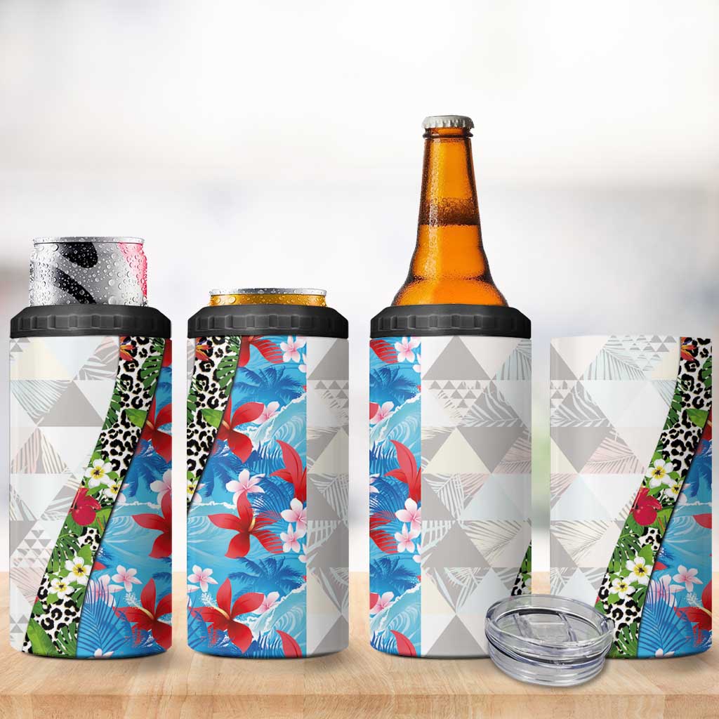Hawaiian Tropical Flowers and Leaves 4 in 1 Can Cooler Tumbler on Leopard Pattern Half Style White-Blue Version - Polynesian Pride