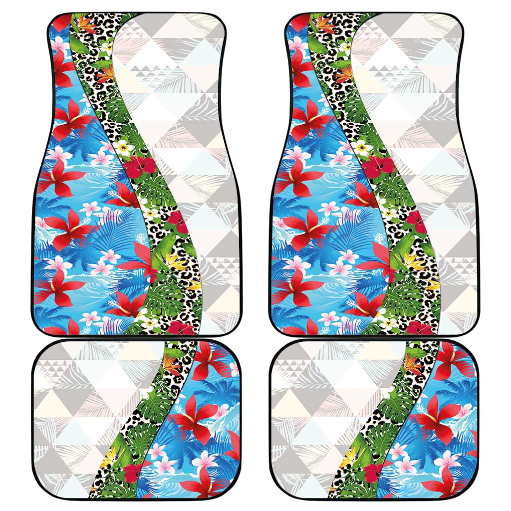 Hawaiian Tropical Flowers and Leaves Car Mats on Leopard Pattern Half Style White-Blue Version - Polynesian Pride