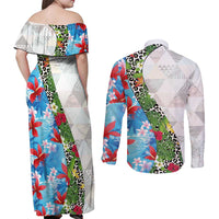 Hawaiian Tropical Flowers and Leaves Couples Matching Off Shoulder Maxi Dress and Long Sleeve Button Shirt on Leopard Pattern Half Style White-Blue Version - Polynesian Pride