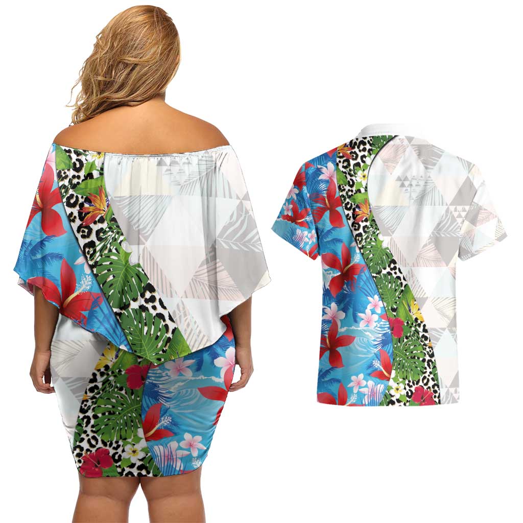 Hawaiian Tropical Flowers and Leaves Couples Matching Off Shoulder Short Dress and Hawaiian Shirt on Leopard Pattern Half Style White-Blue Version - Polynesian Pride