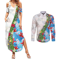 Hawaiian Tropical Flowers and Leaves Couples Matching Summer Maxi Dress and Long Sleeve Button Shirt on Leopard Pattern Half Style White-Blue Version - Polynesian Pride
