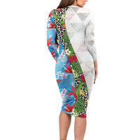 Hawaiian Tropical Flowers and Leaves Family Matching Long Sleeve Bodycon Dress and Hawaiian Shirt on Leopard Pattern Half Style White-Blue Version - Polynesian Pride