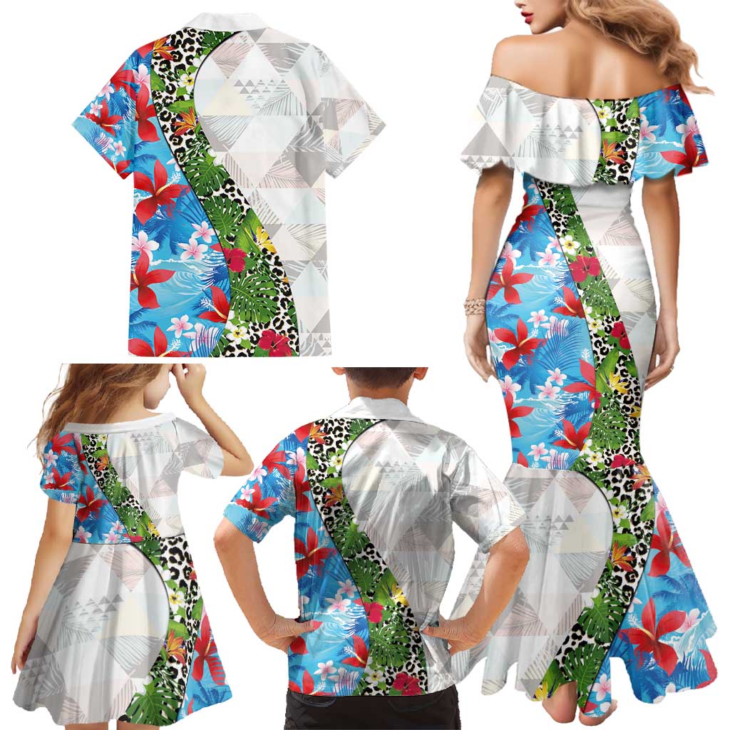 Hawaiian Tropical Flowers and Leaves Family Matching Mermaid Dress and Hawaiian Shirt on Leopard Pattern Half Style White-Blue Version - Polynesian Pride